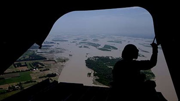 A US helicopter takes supplies to flood victims in Kalam, Pakistan.