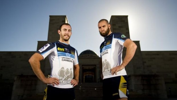 Nic White and Scott Fardy wearing the Brumbies' Anzac jersey.