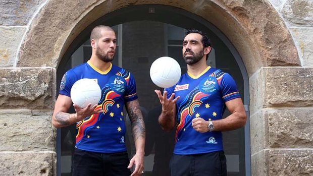 Swan Adam Goodes and Hawk Lance Franklin at the announcment of the Indigenous Allstars team on Thursday.