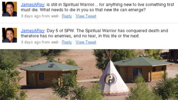 Top, James Arthur Ray's deleted tweets and, bottom, investigators look over the "sweat lodge" in Arizona.