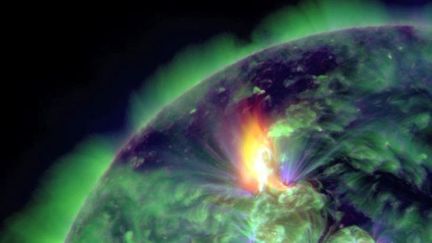 This January 19, 2012 image provided by NASA shows an M3.2 solar flare captured by the Solar Dynamics Observatory (SDO). An earth-directed coronal mass ejection was associated with the solar flare. NASA's Space Weather Services estimated that it traveled at over 630 miles per second and reached the Earth on January 21, when strong geomagnetic storms and aurora were observed.