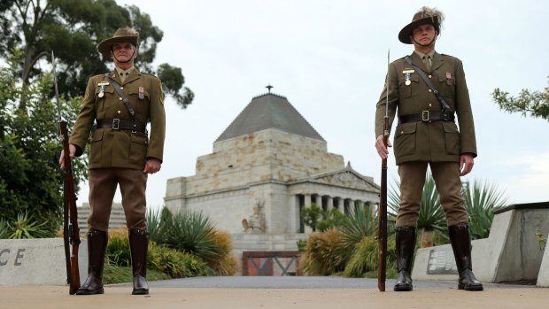 Army officers preparing for the ANZAC Day dawn service at the Shrine of Remembrance.