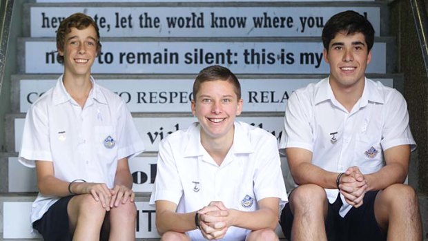 Strong stance: Engadine High School captain Kyle Richardson (centre) and vice-captains Jacob Heffernen (left) and Joshua McFarlane have taken the White Ribbon oath.