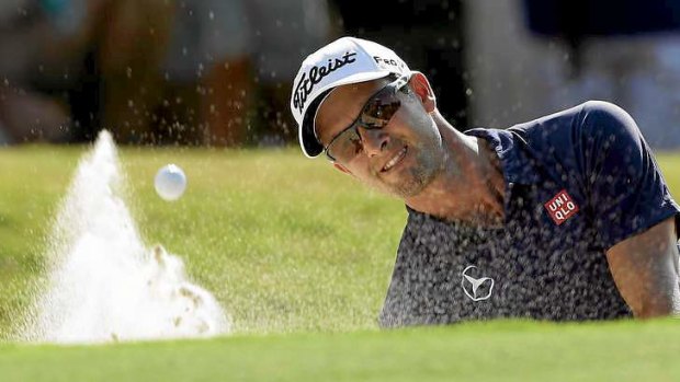 In the hunt: Adam Scott hits out of the bunker next to the 13th green.