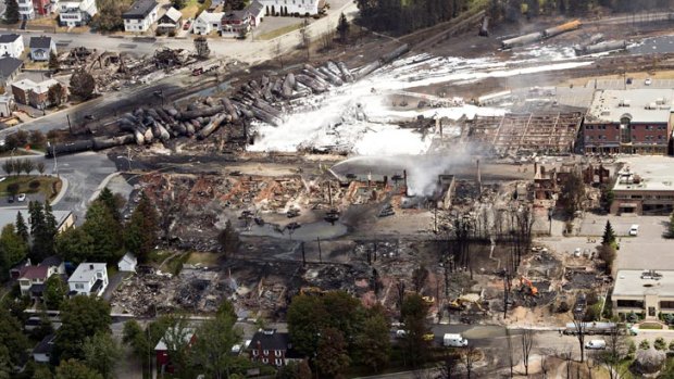 The town of  Lac Megantic lays in ruins after the runaway freight train derailed and exploded in the middle of the night on July 6.
