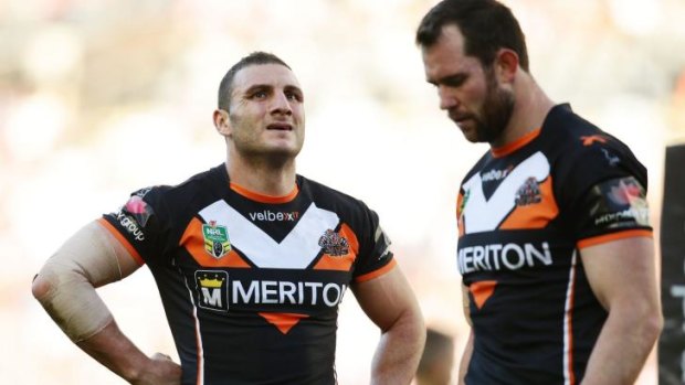 Tough day at the office: Wests Tigers veterans Robbie Farah and Pat Richards during the loss to St George Illawarra.