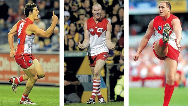 Big reputations: Kurt Tippett (left), Barry Hall and Tony Lockett thrived at the Swans after disquiet at their original