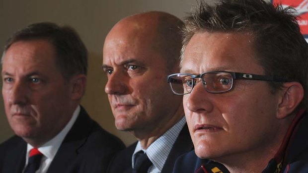 Left to right: Peter Spargo, Peter Jackson and Mark Neeld face the press.