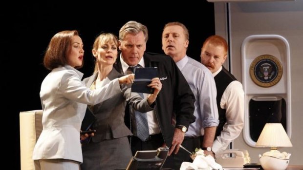 Jane Harber, Kat Stewart, Erik Thomson, Nicholas Bell and Brent Hill in Working Dog play <i>The Speechmaker</i>. Photo: Jeff Busby