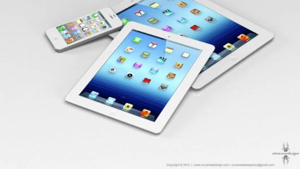 Concept design ... the iPad mini, centre, in a concept drawing. Photo: <i><a href="http://www.ciccaresedesign.com/2012/04/13/ipad-mini/">Ciccarese Design</a></i>