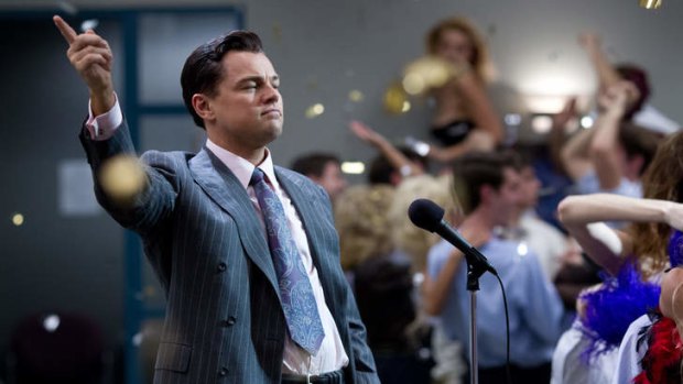 Leonardo DiCaprio gets into character in <em>The Wolf of Wall Street</em>.