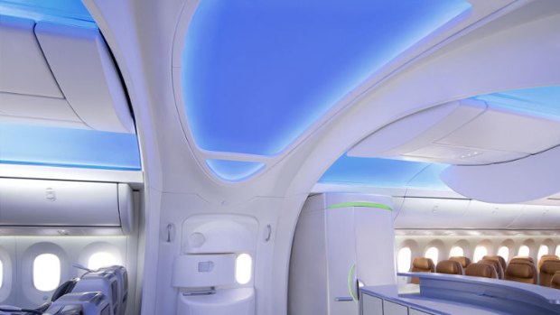 Boeing worked with artists and architects to create arched entranceways on the Dreamliner which provide a relaxing contrast to the 'stress of pre-flight security'.