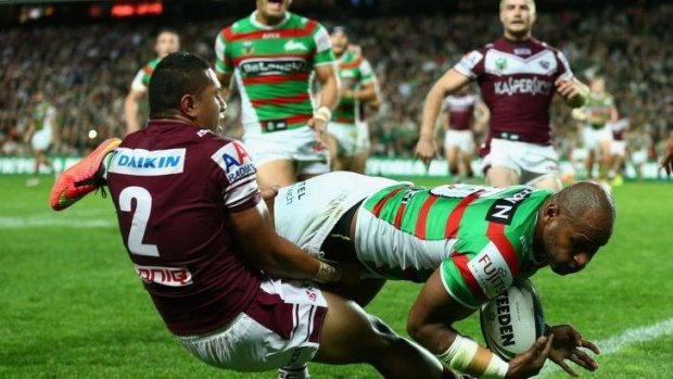 Fountain of youth: Lote Tuqiri scores for the Rabbitohs on Friday night.