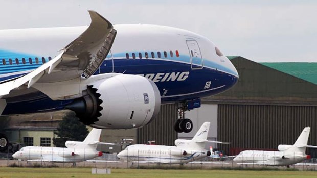 Boeing's new long-haul jet, the 787 Dreamliner, lands at Le Bourget aerodrome for its first appearance at Paris International Air Show.