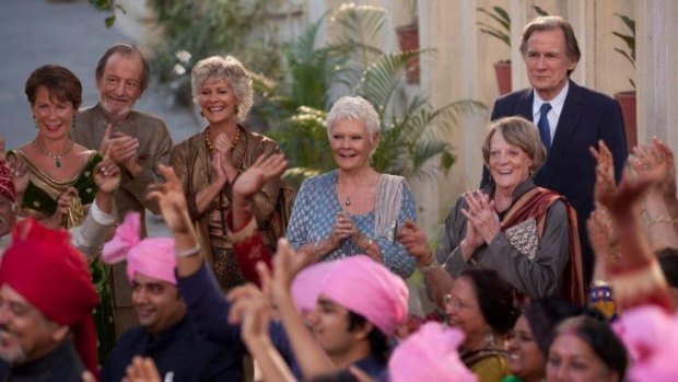 Celia Imrie, Ronald Pickup, Diana Hardcastle, Judi Dench, Maggie Smith and Bill Nighy in <i>The Second Best Exotic Marigold Hotel</i>.