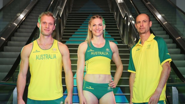 All eyes on Glasgow: Australian athletic team members Joel Pocklington and Melissa Breen with chef de mission Steve Moneghetti.