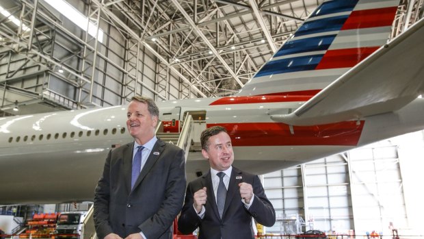American Airlines chief executive Doug Parker and Qantas chief executive Alan Joyce showed off the American Airlines product in Sydney earlier this month.