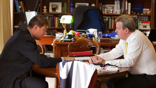 11.15am ... Mr O’Farrell meets his chief-of-staff, Peter McConnell, for their daily update in his Parliament House office.