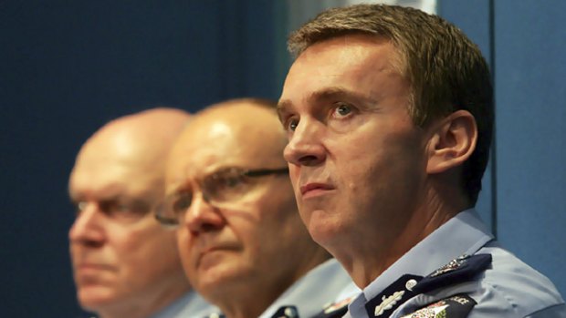 Sir Ken Jones (above right) at the announcement last week of Victoria Police's new hierarchy, pictured with Deputy Commissioner   Ken Lay (centre) and Deputy Commissioner Kieran Walshe (left).