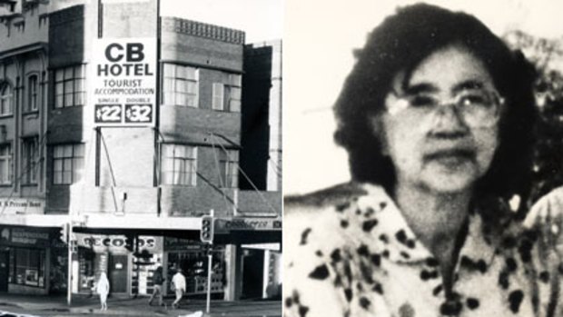 Scene of the 1987 attack (left), corner of Goulburn and Pitt streets in Sydney. The arrow shows where victim Po Cin Lim (right) was dragged.