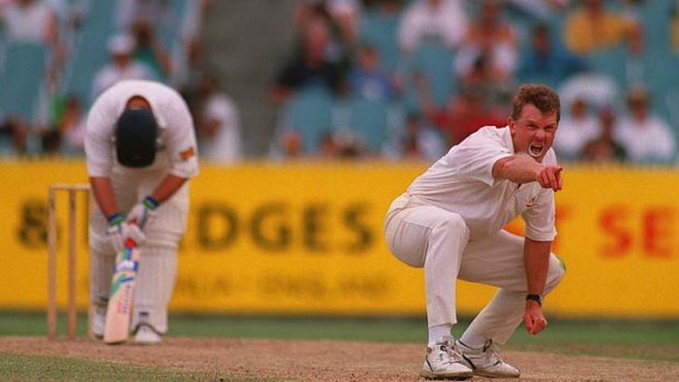 Australia's Craig McDermott appeals for an LBW decision against England's Mike Gatting at the MCG in 1994.