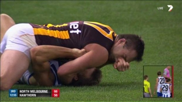 North Melbourne forward Drew Petrie makes contact to those face of the opponent choking him, Hawthorn defender Brian Lake.