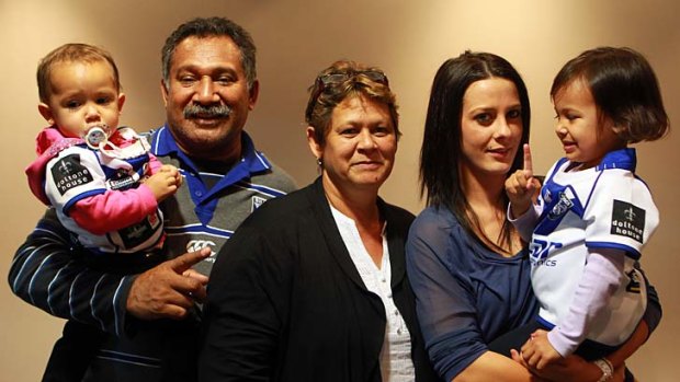 Family connections: Barba's family - daughter Bronte, father Ken, mother Kim, former partner Ainslie Currie, and daughter Bodhi before last year's grand final.