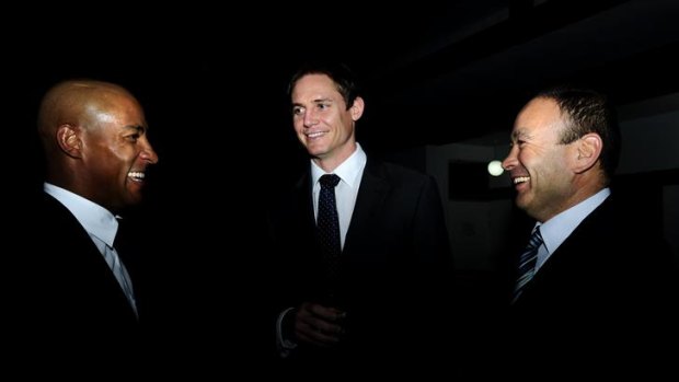 Brumbies coaching consultant George Gregan, backs coach Stephen Larkham and former coach Eddie Jones catch up at the Japanese Embassy last night.