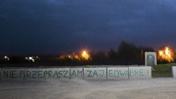 The vandalised Holocaust monument in Jedwabne, Poland.