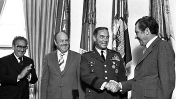 Alexander Haig (second from right) receives a medal from Richard Nixon. From left, national security adviser Henry Kissenger and defence secretary Melvin Laird.