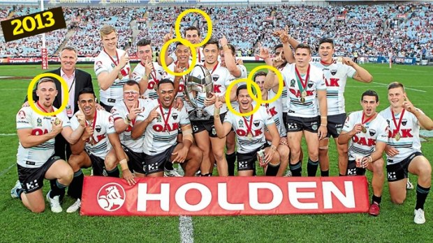 From left, the five players circled from Penrith's 2013 NYC winning team: Bryce Cartwright, Waqa Blake, Reagan Campbell-Gillard, Dallin Watene-Zelezniak and Isaah Yeo.