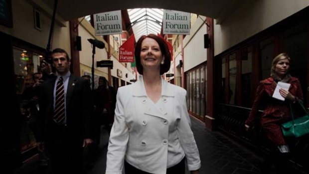 Coffee time ... the Prime Minister steps out at the Italian Forum in Leichhardt. She is keeping her public appearances to a minimum.