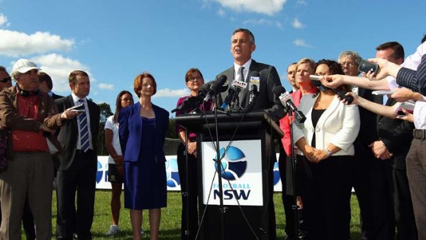 Watch this space &#8230; football boss Ben Buckley, watched by the Prime Minster, Julia Gillard and others, announces the formation of a western Sydney A-League club that will field a side in the 2012-2013 competition.