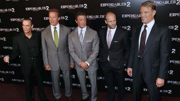 <i>The Expendables 2</i> cast, from left, Jean-Claude Van Damme, Arnold Schwartzenegger, Sylvester Stallone, Jason Statham and Dolph Lundgren.