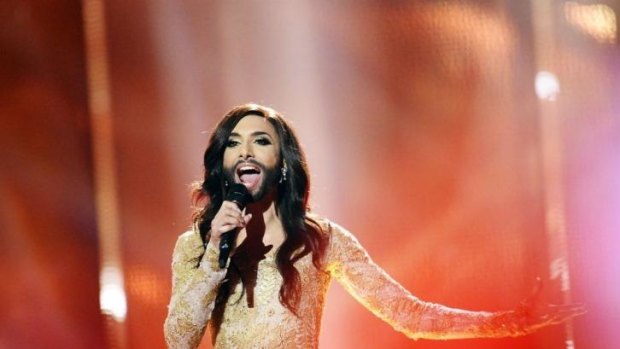 'Bearded lady' ... Austria's Conchita Wurst sings <i>Rise Like A Phoenix</i> to win the Eurovision Song Contest.