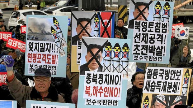 South Korean protesters at a rally denouncing North Korea's rocket launch.