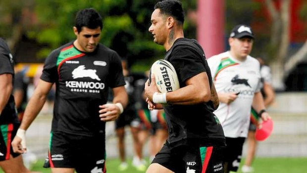 One of four contenders: John Sutton trains with South Sydney. Johnathan Thurston says Sutton has been in "terrific" form and has improved under Michael Maguire.