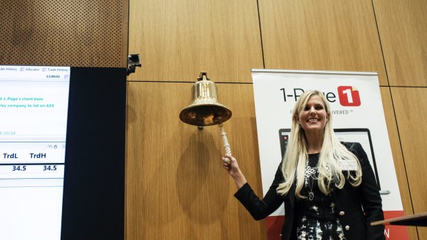 One-Page chief executive Joanna Weidenmiller rings the bell at ASX as 1-Page becomes a publicly listed company in Australia on October 15, 2014 in Sydney.