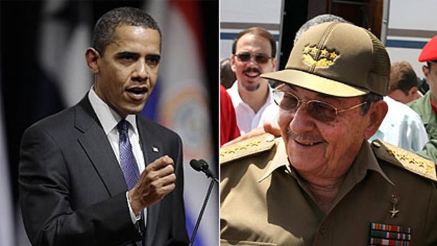 Barack Obama and Raul Castro at the Summit of the Americas in Port of Spain, Trinidad and Tobago.