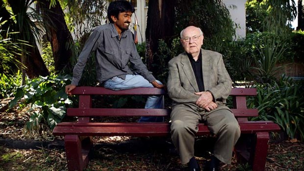 "Nervous" about denominational schools: Father Bob Maguire takes a seat with InterAction multi-faith group co-founder Ali Majokah.