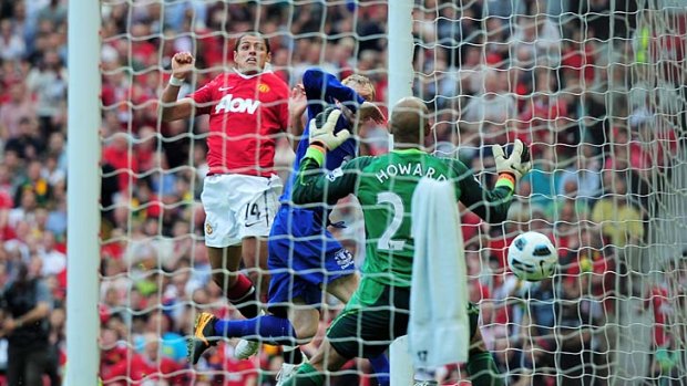 Mexican magic ... Javier Hernandez of Manchester United heads the winner.
