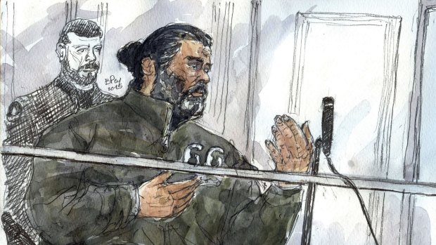 A court sketch made on January 19 shows Fahd Jobrani, a 36-year-old man from Morocco, who is accused of planning violent actions in his country, during his trial at a courthouse in Paris. 