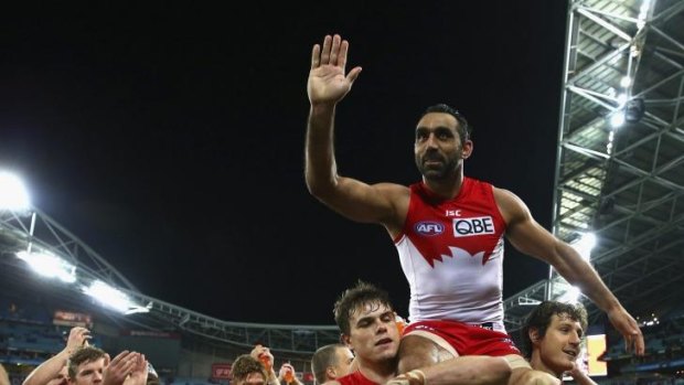 Legend: Adam Goodes is chaired off the field after his 350th AFL match at the end of the preliminary final against North Melbourne. 