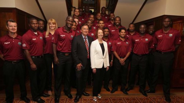 Prime Minister Julia Gillard and her partner Tim Mathieson with the West Indies team at The Lodge.