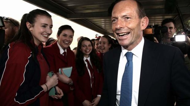 Opposition Leader Tony Abbott during his visit to the Penrith Christian School, which describes homosexuality as an ''abomination''.
