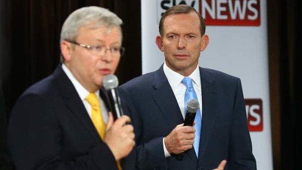 Prime Minister Kevin Rudd and Opposition Leader Tony Abbott at second leaders debate at the Broncos Leagues Club in Brisbane.