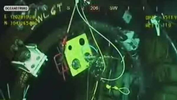 Image from a video released by BP shows equipment being used to try and plug a gushing oil well in the Gulf of Mexico.