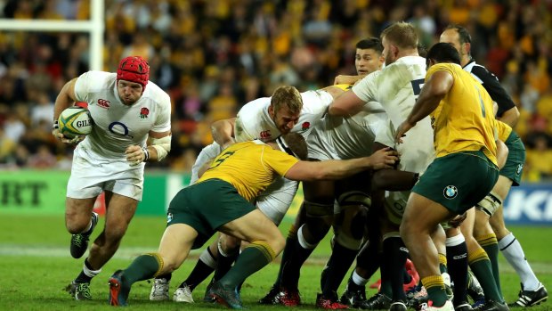 James Haskell of England breaks with the ball during the International Test match against the Wallabies at Suncorp Stadium.