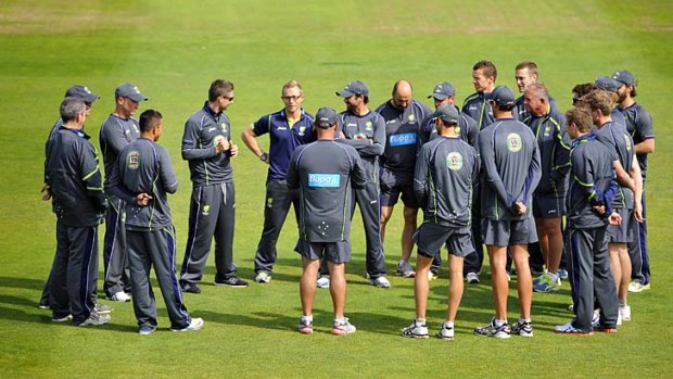 Australia coach Darren Lehmann talks to the squad before the final day of the tour opener against Somerset.