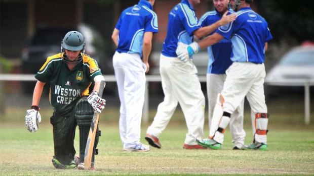 Weston Creek batsman Lewis Harman is disappointed to be run out for six.
